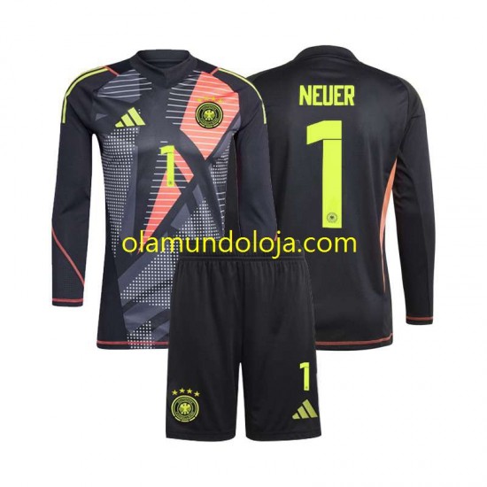 Camisola Alemanha Manuel Neuer 1 Guarda-redes Criança Equipamento Primeiro Euro 2024 Manga Comprida